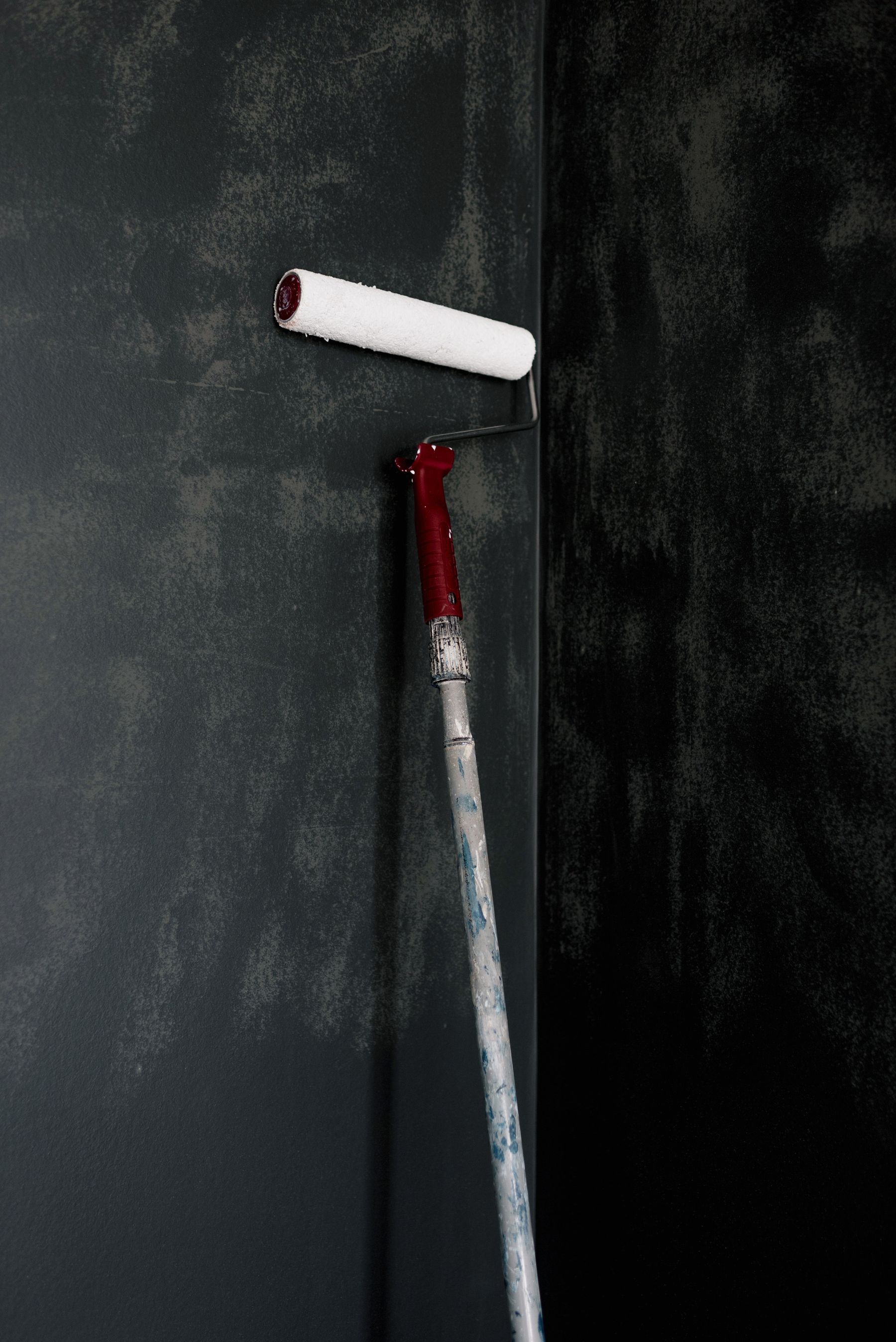Close view of a paint roller on a wall
